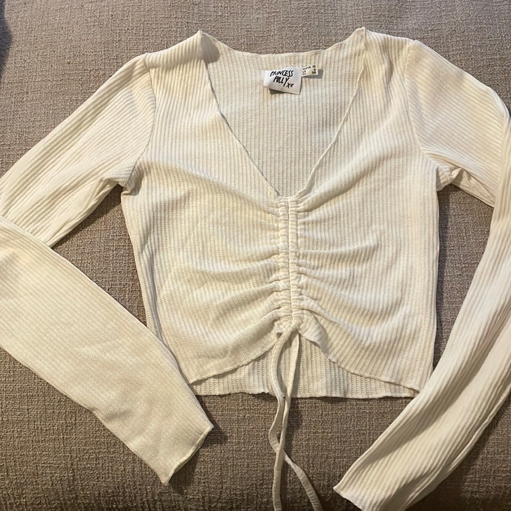 Princess Polly; long sleeve crop top; ruche front with ties; size 6